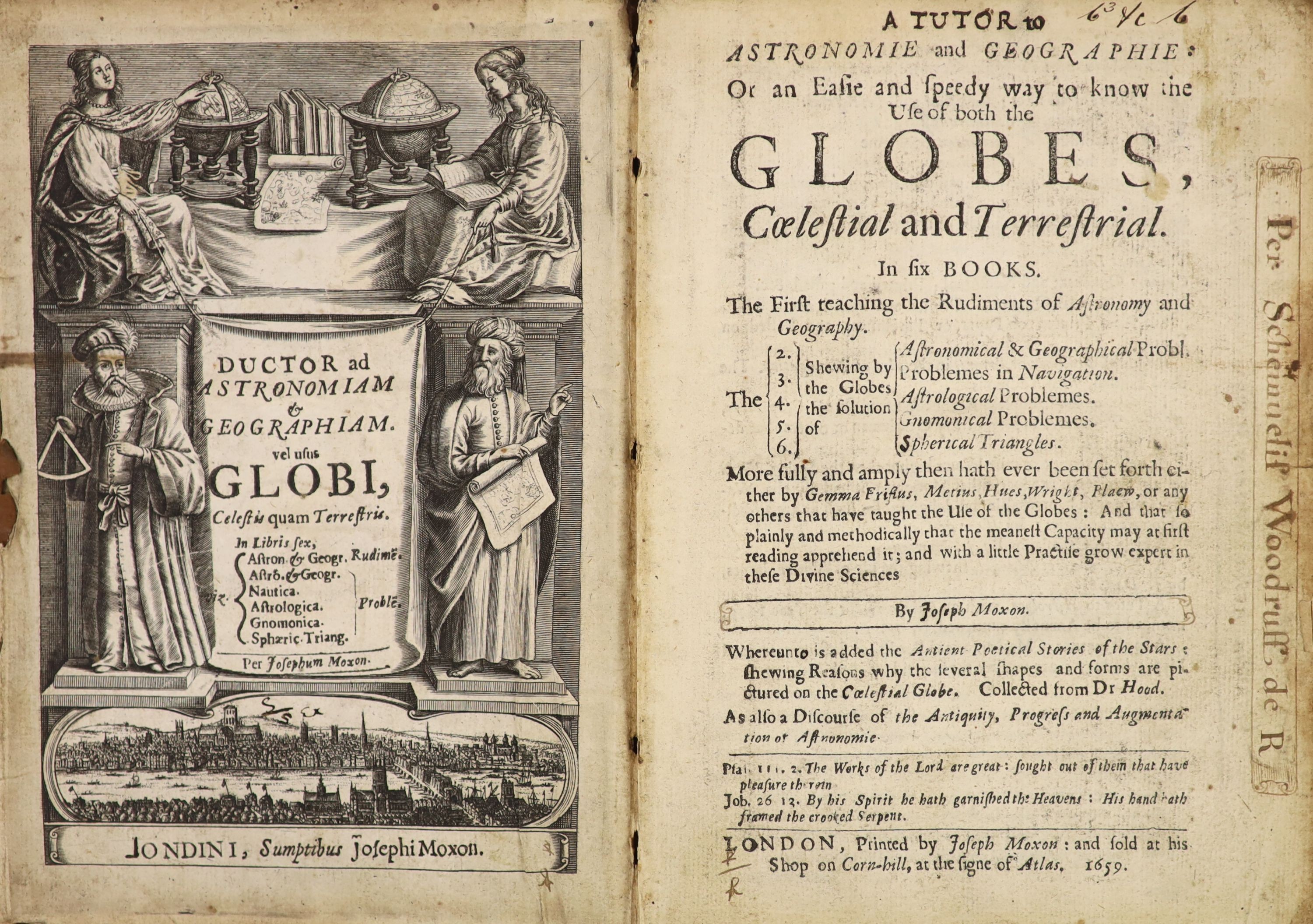 Moxon, Edward - A Tutor to Astronomy and Geography, 1st edition, 8vo, contemporary calf, with engraved title in Latin, depicting portraits of Tycho Brahe and Ptolemy, London, 1659